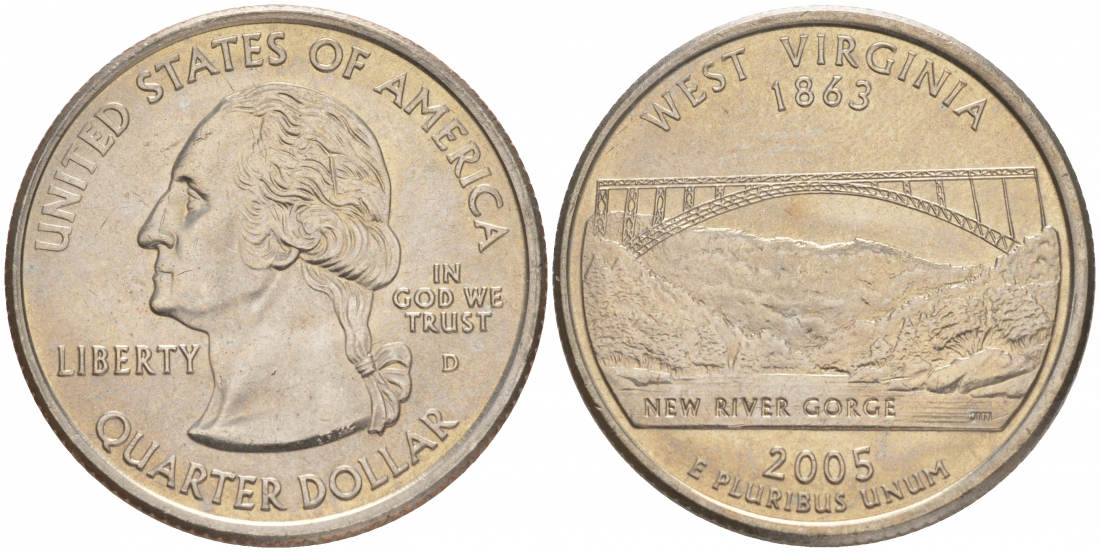 США 25 центов = квотер 2005 D, серия штаты США, Западная Вирджиния KM 374 медь плакированная медно-никелем UNC M25-09