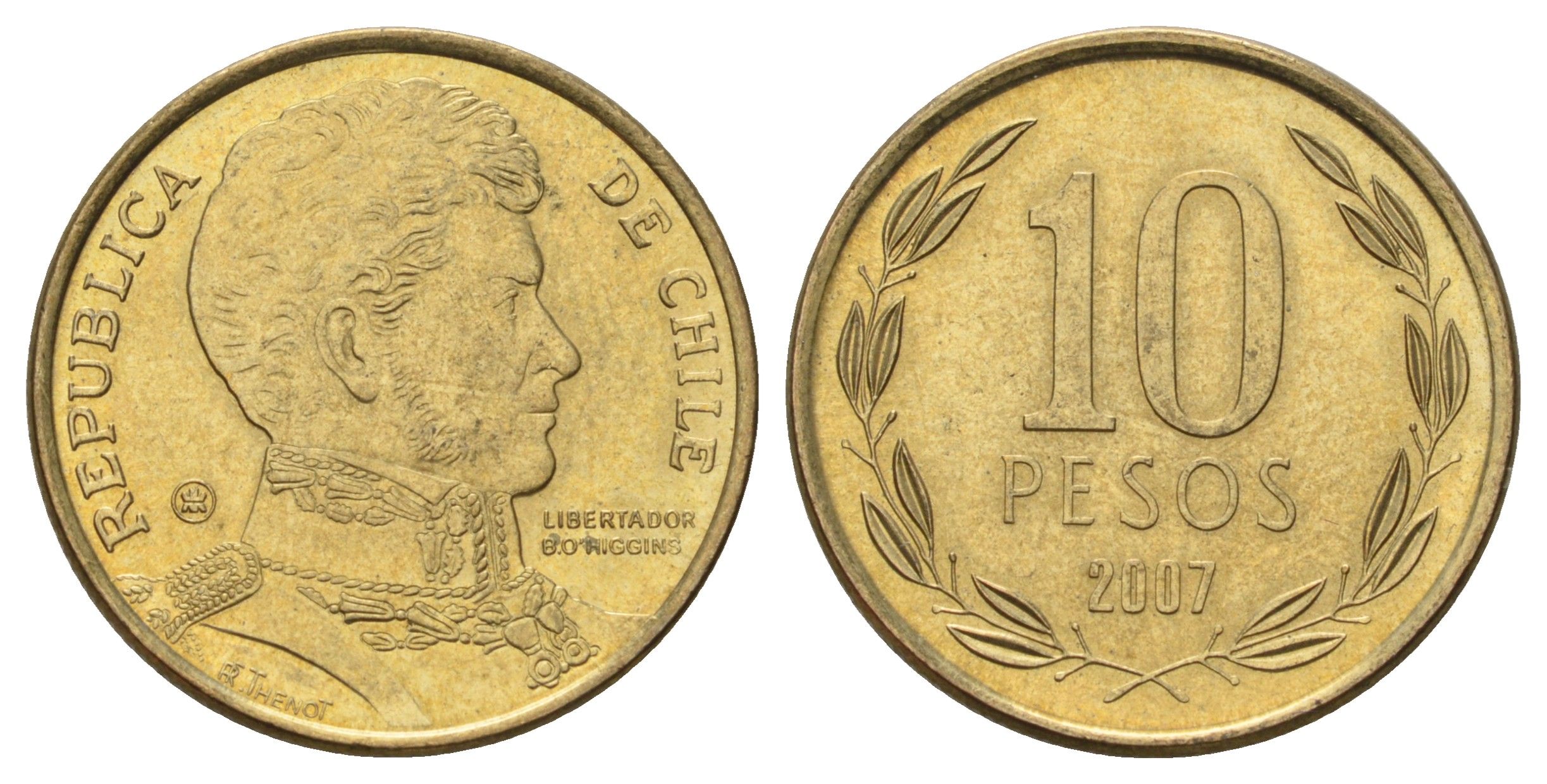 Чили 10 песо 2007 KM 228 никель латунь UNC 4689-266