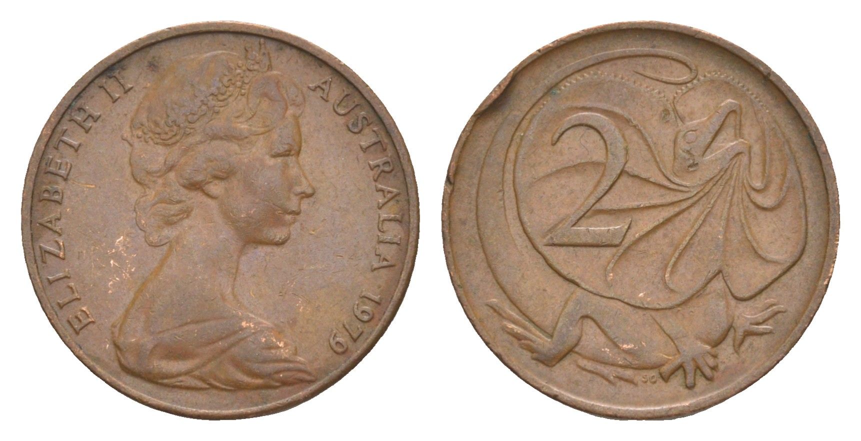 Австралия 2 цента 1979 Елизавета II (1952-2022), плащеносная ящерица KM 63 бронза 4580-1015