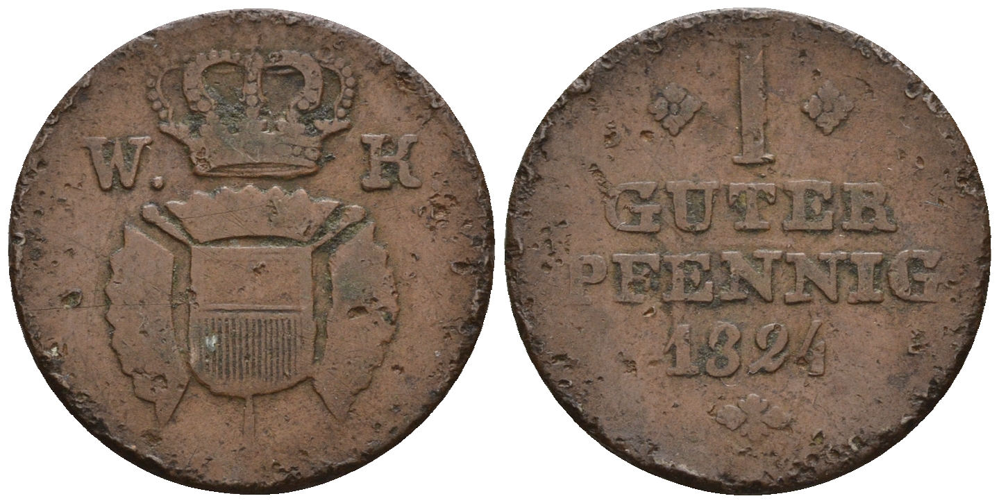 Шаумбург-Гессен 1 пфенниг 1824 Вильгельм II Brendel 64, Jaeger 23, AKS 32 медь 220-751