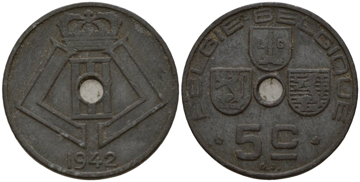 Бельгия 5 сантимов 1942 Belgie - Belgique, Леопольд III (1934-1947), германская оккупация, Вторая мировая война KM 124 цинк 4160-1132