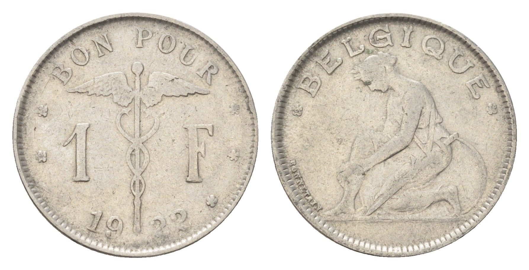 Бельгия 1 франк 1922 Belgique, Альберт I (1910-1934) KM 89 никель 4704-1037