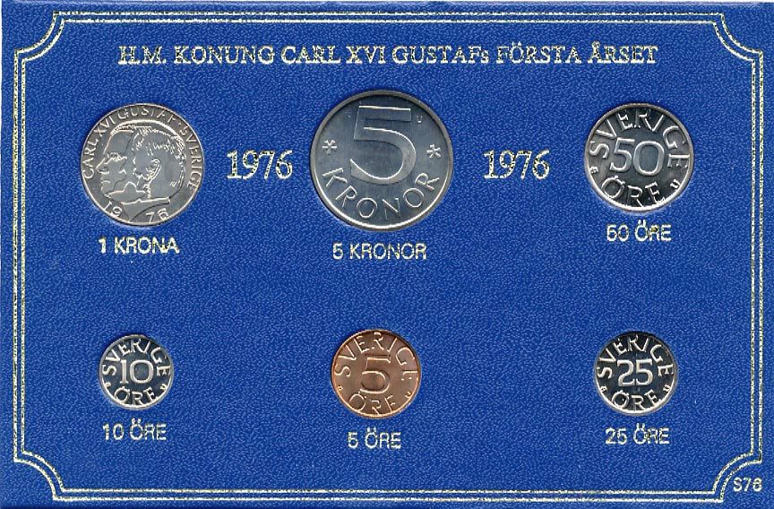 Швеция набор монетного двора из 6 монет 1976 в картоне, Карл XVI Густав (1973- ) KM MS4 UNC 7-5-7-214