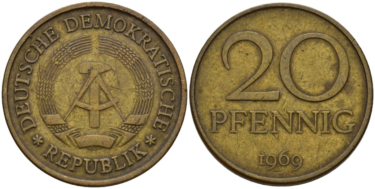 ГДР 20 пфеннигов 1969 A, первый год KM 11 латунь 92-857