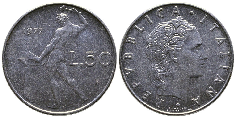 Италия 50 лир 1977 R, бог огня Вулкан у наковальни KM 95.1 сталь    4606-121