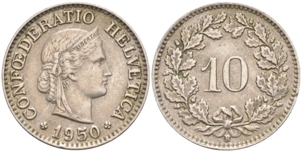 ШВЕЙЦАРИЯ 10 РАППЕНОВ 1950 В KM 27 медно-никель 206-345