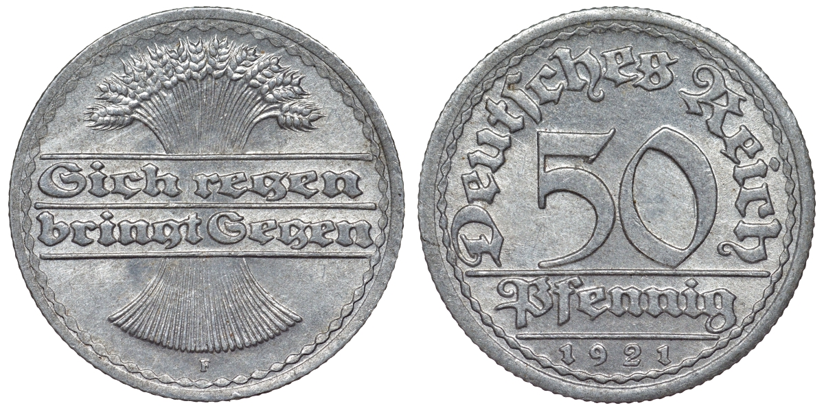 Германия 50 пфеннигов 1921 F KM 27, J. 301, Weege 10 алюминий 4119-521