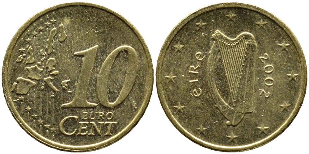 ИРЛАНДИЯ 10 ЕВРОЦЕНТОВ 2002 KM 35 латунь 4390-943
