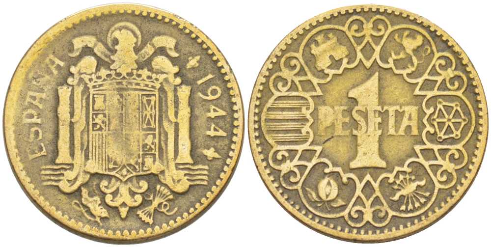 ИСПАНИЯ 1 ПЕСЕТА 1944 НАЦИОНАЛЬНОЕ ПРАВИТЕЛЬСТВО (1939-1947) KM 767 алюминиевая бронза 212-952