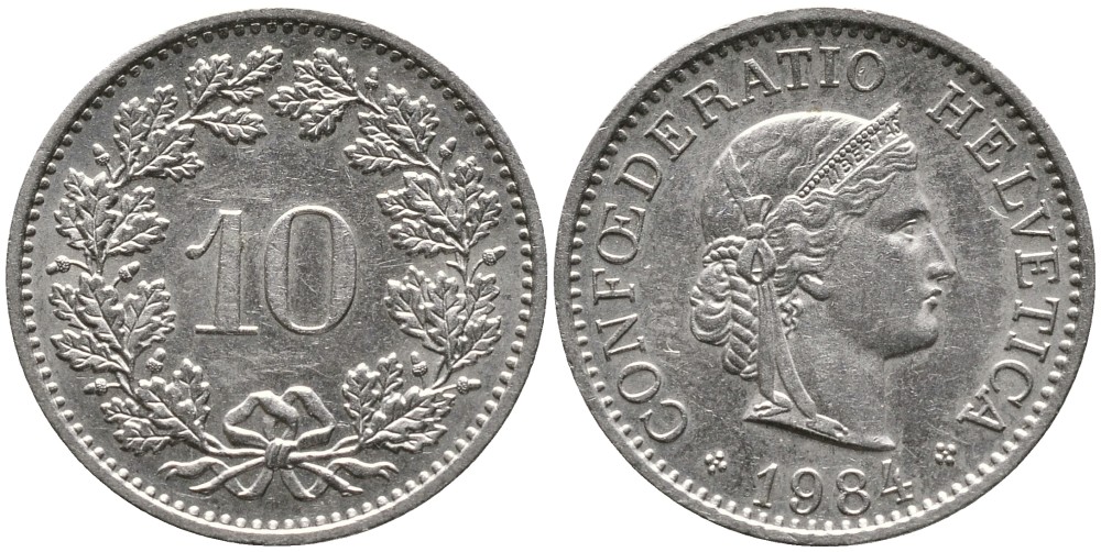 ШВЕЙЦАРИЯ 10 РАППЕНОВ 1984 KM 27 медно-никель 4539-526