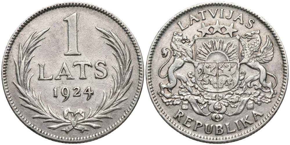 Латвия 1 лат 1924 Первая республика (1918-1939) KM 7 серебро 27-1231