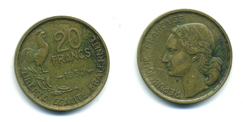 ФРАНЦИЯ 20 ФРАНКОВ 1952 KM 917.1 алюминиевая бронза 84-824
