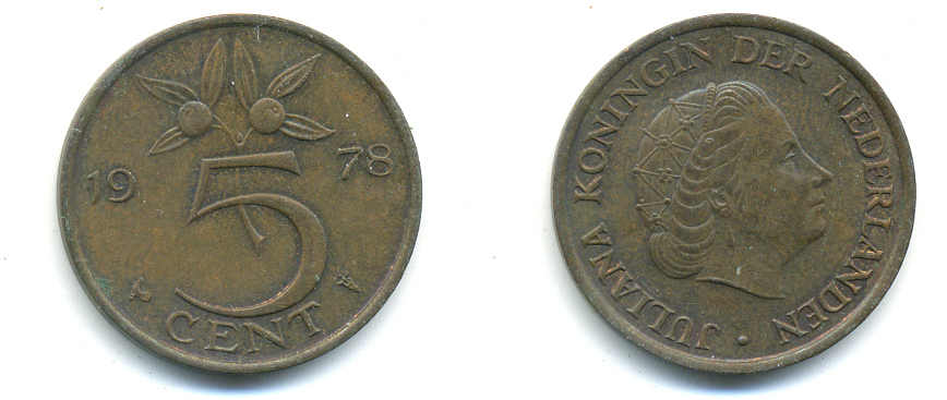 НИДЕРЛАНДЫ 5 ЦЕНТОВ 1978 ЮЛИАНА KM 181 бронза 83-857