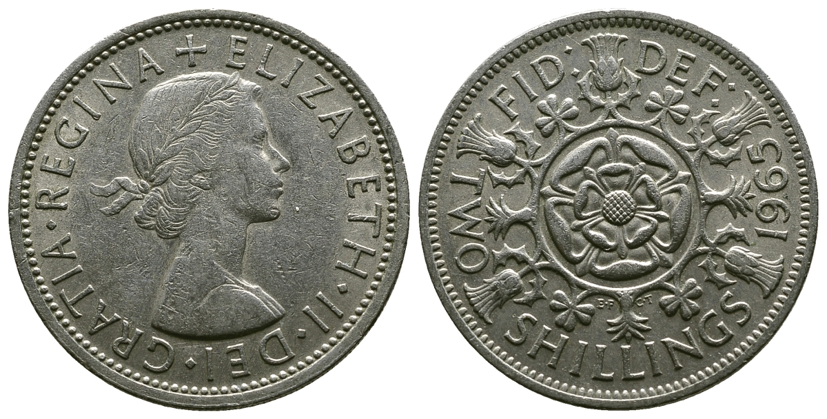 Великобритания 2 шиллинга (флорин) 1965 Елизавета II (1952-2022) KM 906, Spink 4146 медно-никель 4382-516