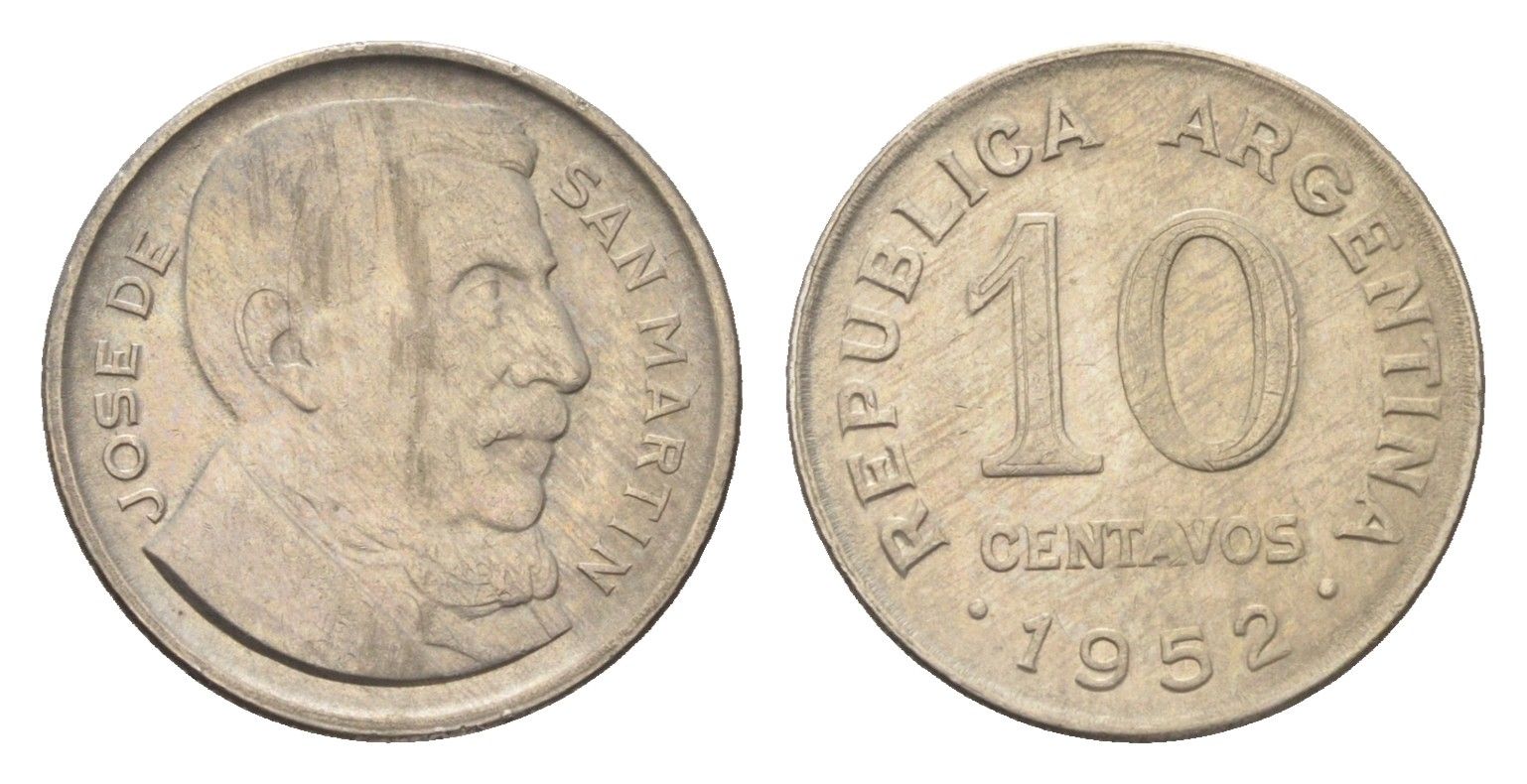 Аргентина 10 сентаво 1952 генерал Хосе де Сан Мартин KM 47 медно-никель 4664-156