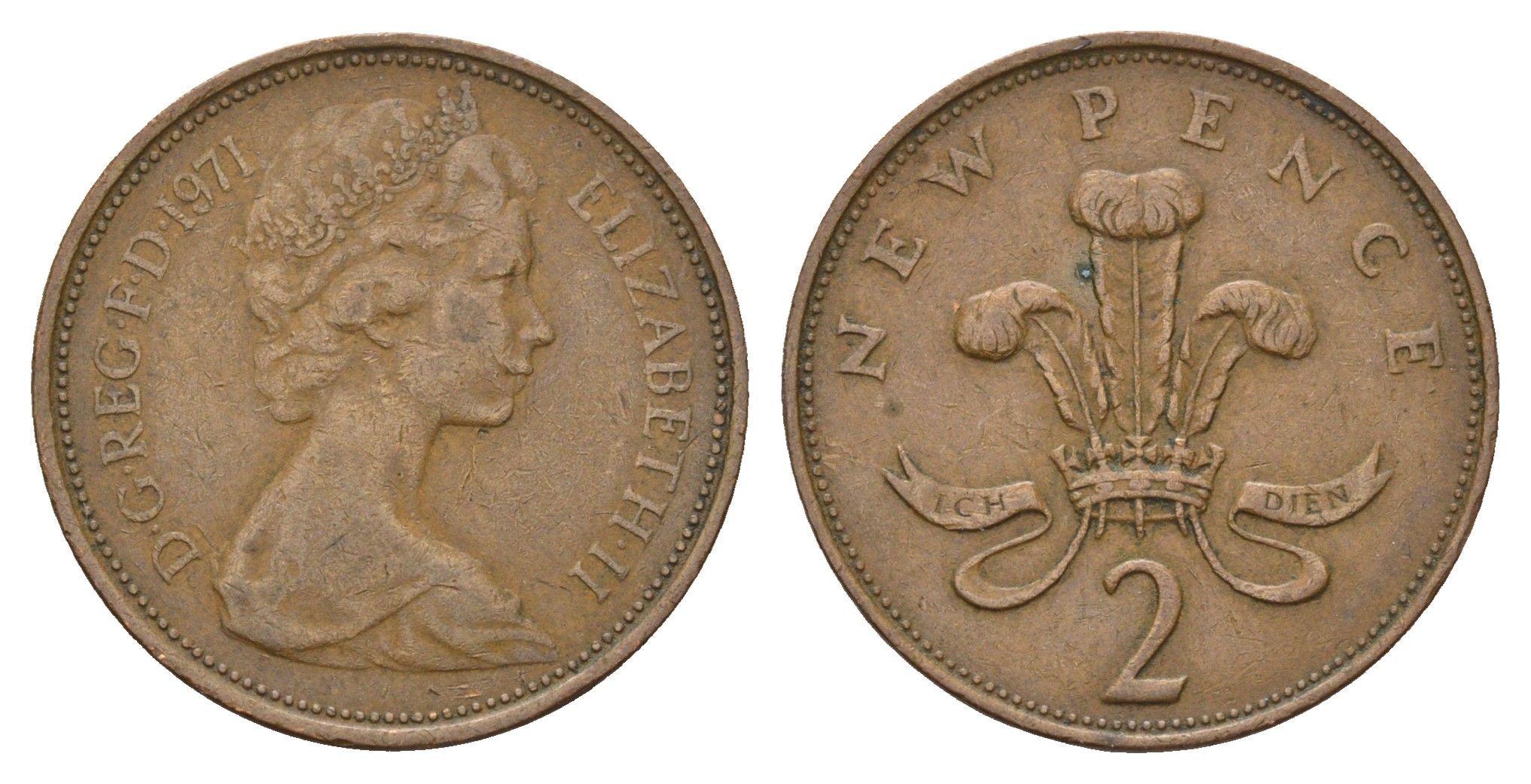 Великобритания 2 новых пенса 1971 Елизавета II (1952-2022) KM 916, Spink 4235 (C1) бронза 92-926