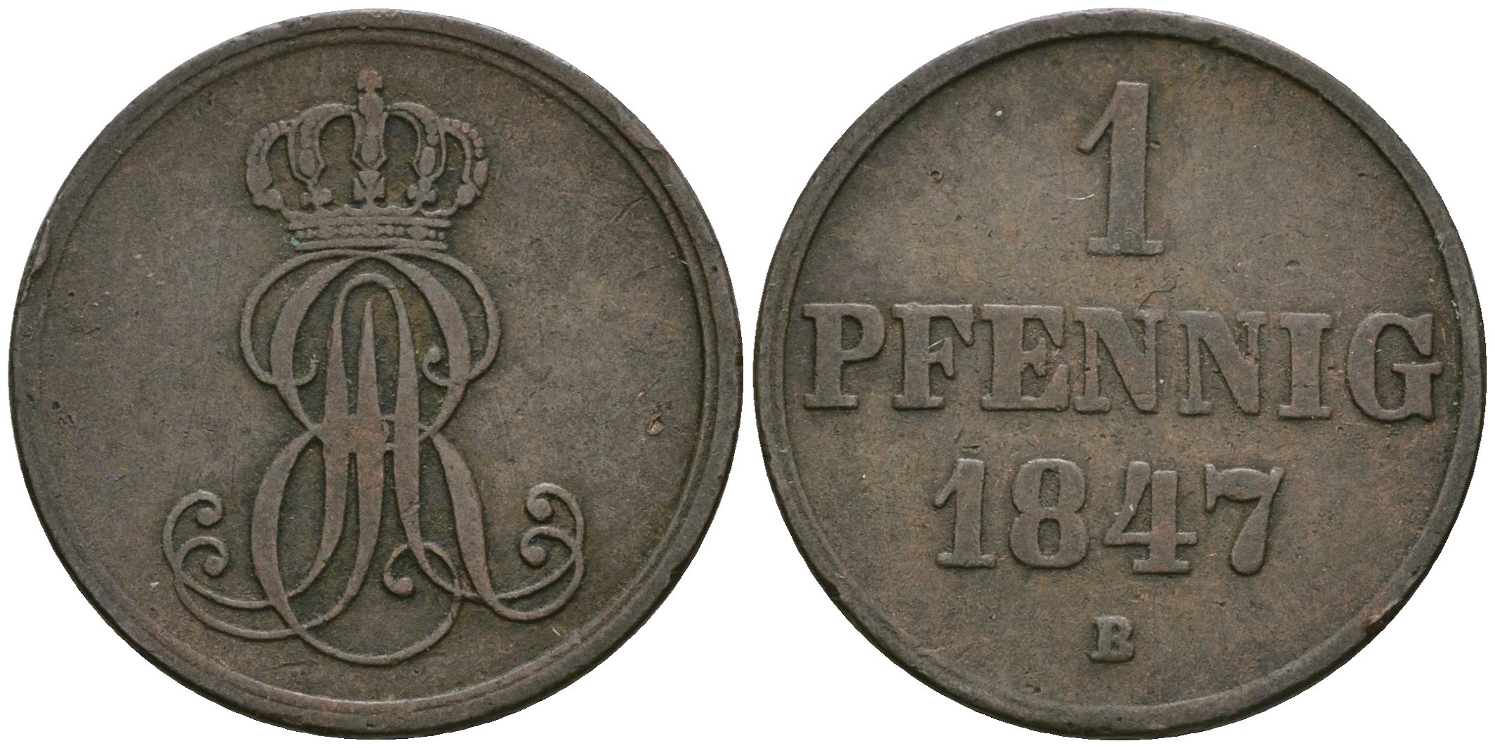 Ганновер 1 пфенниг 1847 B, Эрнст Август (1837-1851) KM 201.1, AKS 129, J. 74 медь 08-1328