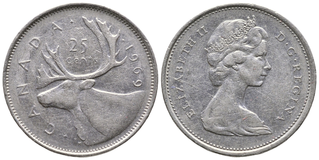 Канада 25 центов 1969 Елизавета II (1952-2022), олень KM 62 b никель 4364-1946