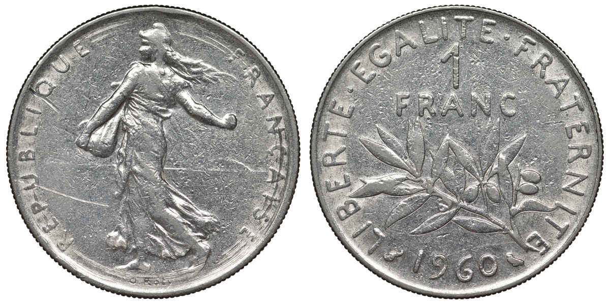 Франция 1 франк 1960 сеятель KM 925.1, Le Franc 226.5 никель 4128-425