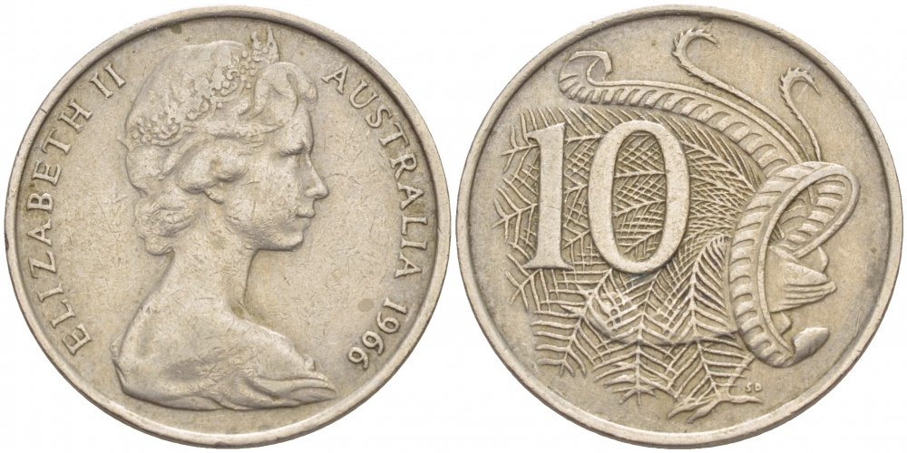 Австралия 10 центов 1966 Елизавета II (1952-), птица лирахвост KM 65 медно-никель 4539-1055