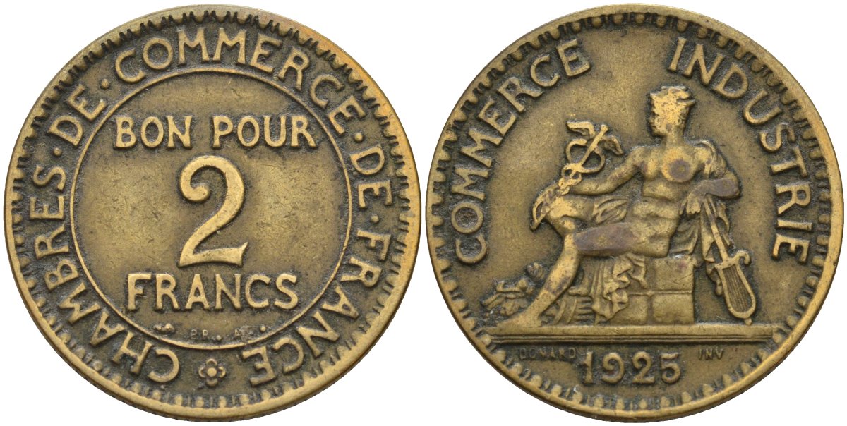 Франция 2 франка 1925 Третья республика (1871-1940) KM 877, Le Franc 267.7 алюминиевая бронза 4144-324