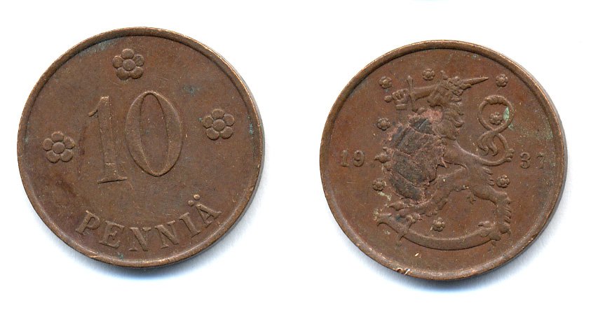 Финляндия 10 пенни 1937 республика (1918-1962) KM 24 медь 51-5551