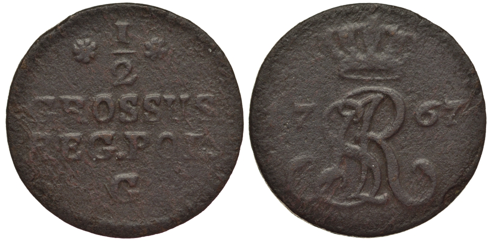 Польша 1/2 гроша (полугрош) 1767 G, Станислав Август Понятовский (1764-1795), вес 1,61 гр. KM 175.1 (С34) медь 1516-1243