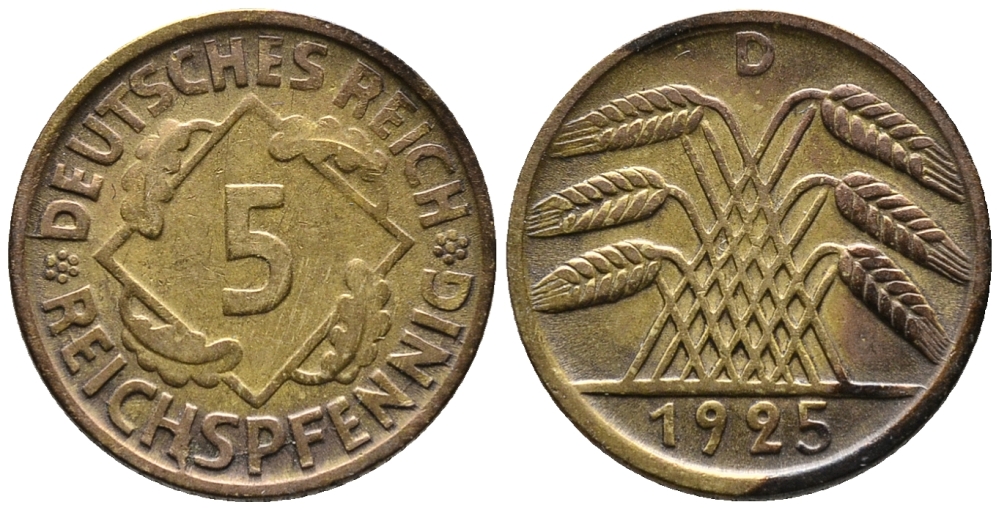 ГЕРМАНИЯ 5 РЕЙХСПФЕННИГОВ 1925 D KM 39, J. 316 алюминиевая бронза 39-544