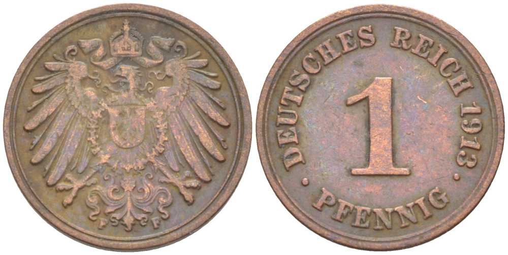 ГЕРМАНИЯ 1 ПФЕННИГ 1913 F KM 10, J. 10 медь 112-1121