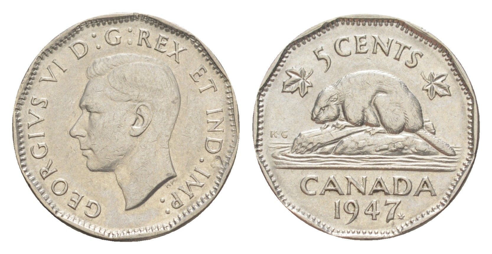 Канада 5 центов 1947 Leaf, бобр, Георг VI (1937-1952) KM 39a никель 4639-427