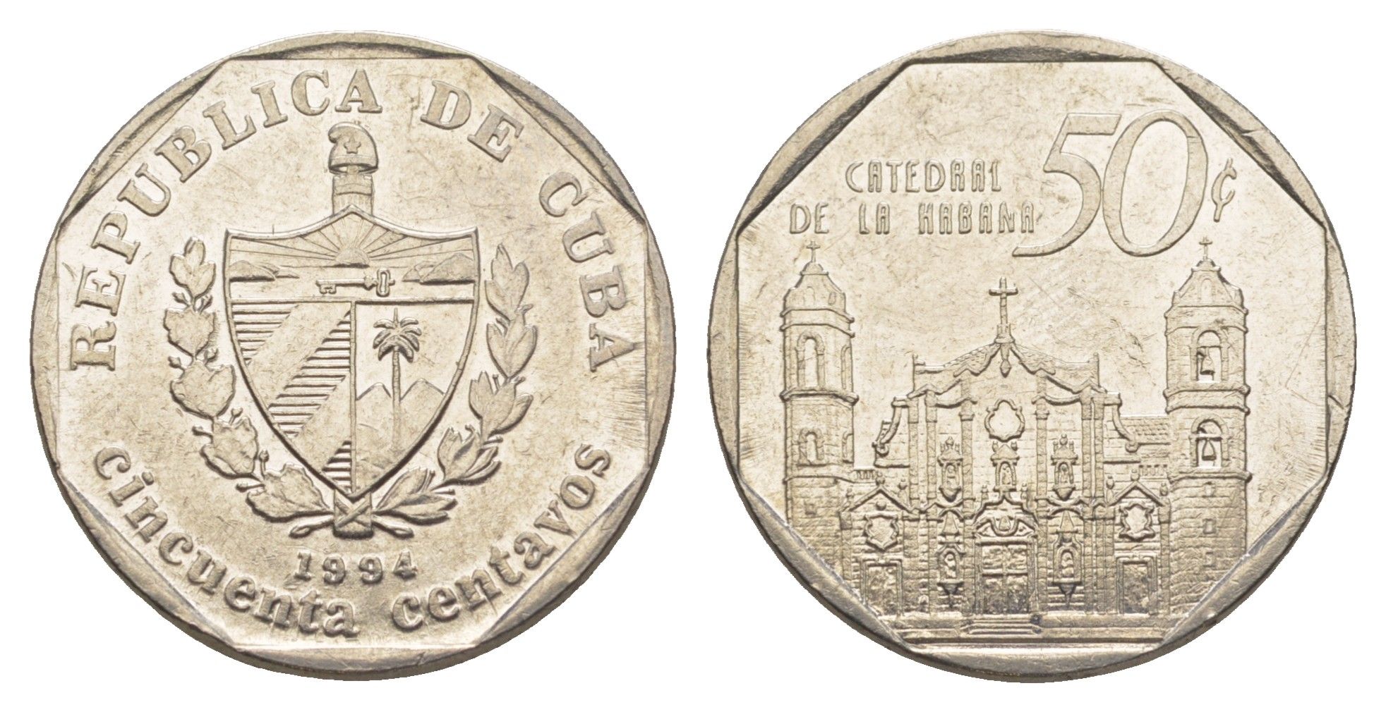 Куба 50 сентаво 1994 собор в Гаване KM 578.1 сталь плакированная никелем 4637-1117