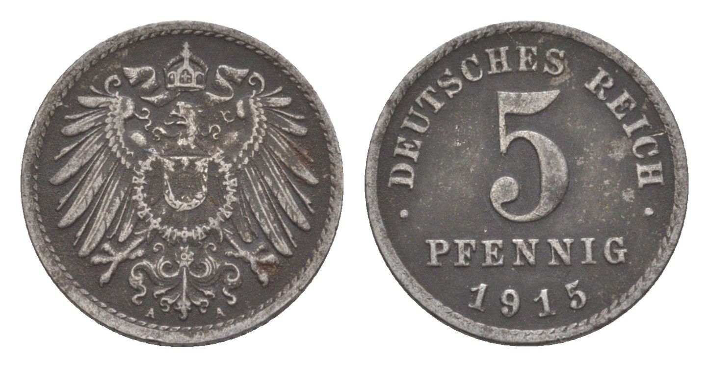 Германия 5 пфеннигов 1915 A, Вильгельм II (1888-1918) KM 19, J. 297, Weege 5 железо плакированное цинком 4640-154