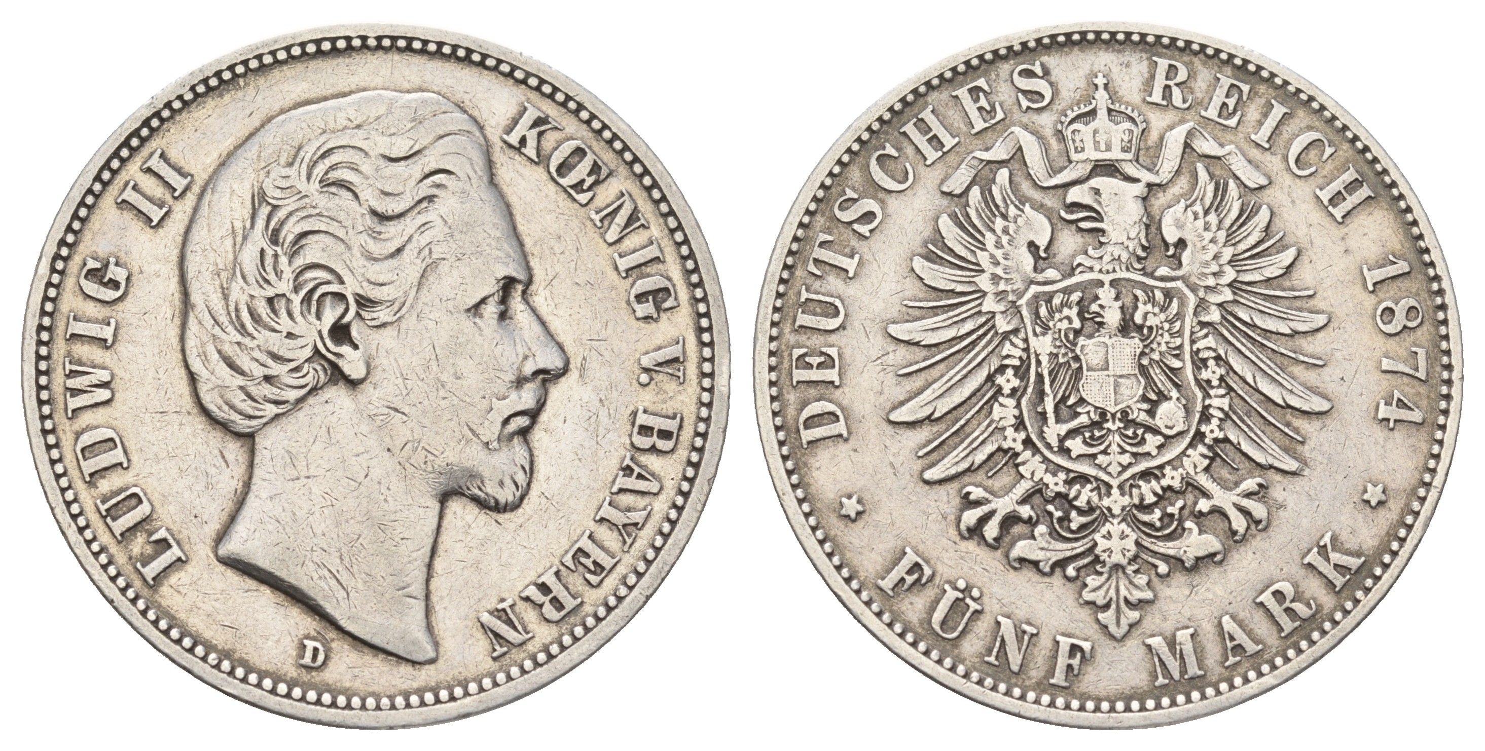 Бавария 5 марок 1874 D, Людвиг II (1864-1886) KM 896, J. 42, Davenport 616 серебро 1529-1313