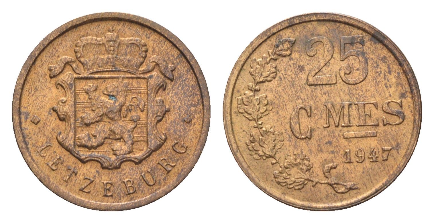 Люксембург 25 сантимов 1947 Шарлотта (1918-1964) KM 45 бронза aUNC 4705-555