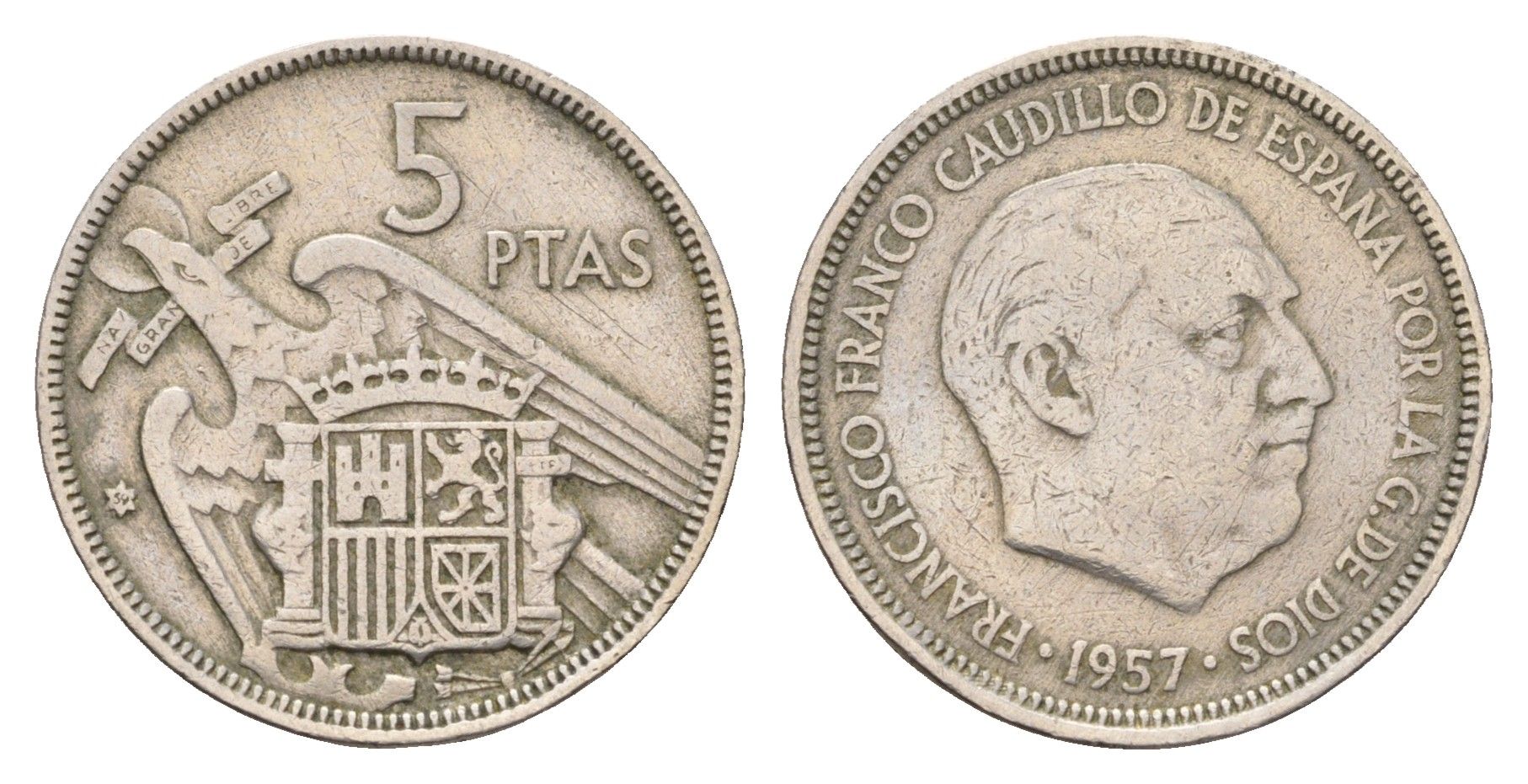 Испания 5 песет 1957 (64) Франсиско Франко (1939-1975) KM 786 медно-никель 183-221