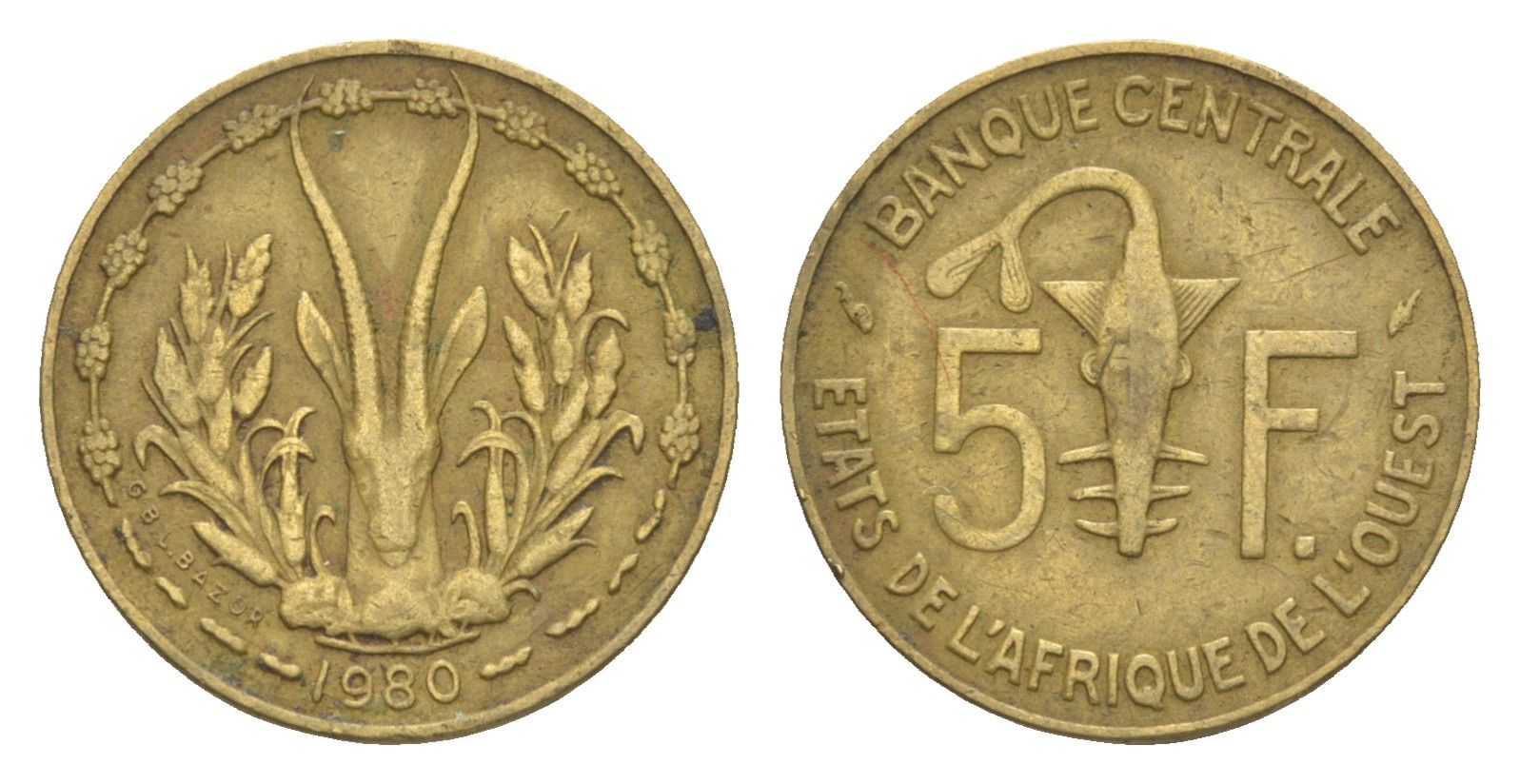 Западная Африка (BCEAO) 5 франков 1980 KM 2a медь алюминий никель 4640-963