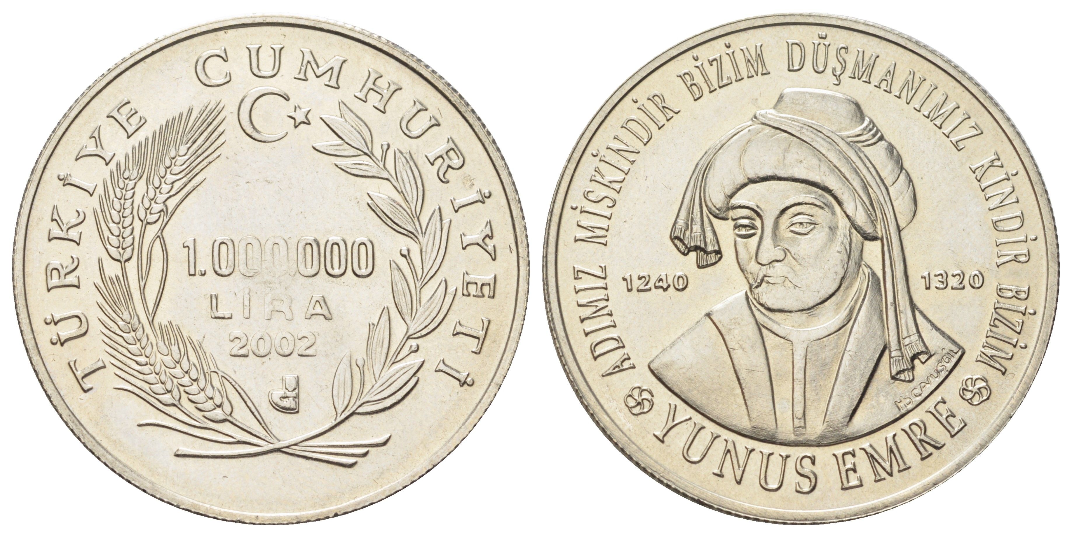 Турция 1000000 лир 2002 Юнус Эмре KM 1163 медно-никель UNC 4593-1123