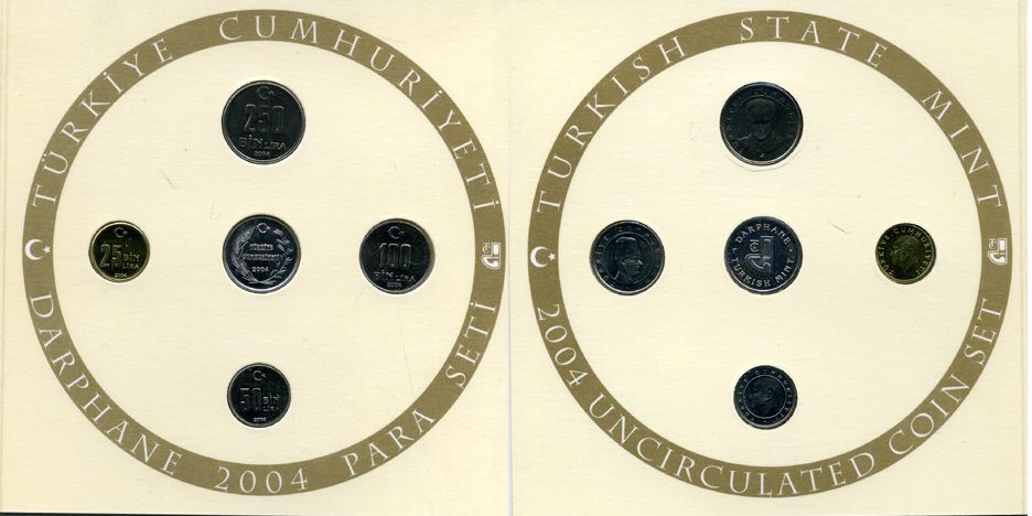 Турция официальный набор из 4 монет + жетон 2004 25000, 50000, 100000 и 250000 лир, буклет  медно-никель  UNC 7-3-1-17