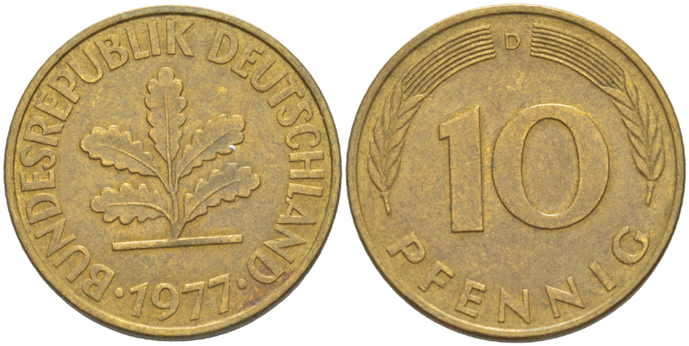 ФРГ 10 ПФЕННИГОВ 1977 D KM 108, J. 383 сталь плакированная латунью 4182-851