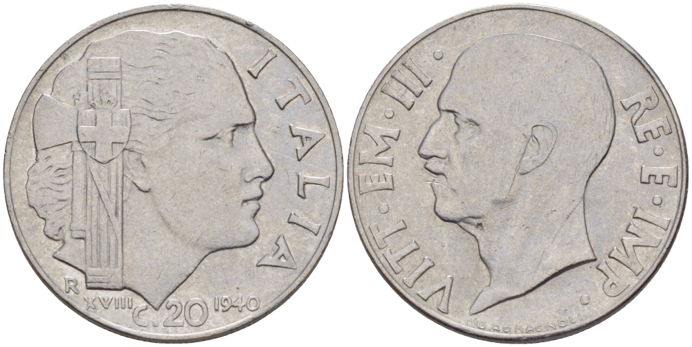 ИТАЛИЯ 20 ЧЕНТЕЗИМО 1940 ВИКТОР ИМАНУИЛ III, МАГНИТНАЯ, ГУРТ РИФЛЕНЫЙ KM 75b нержавеющая сталь 31-1154