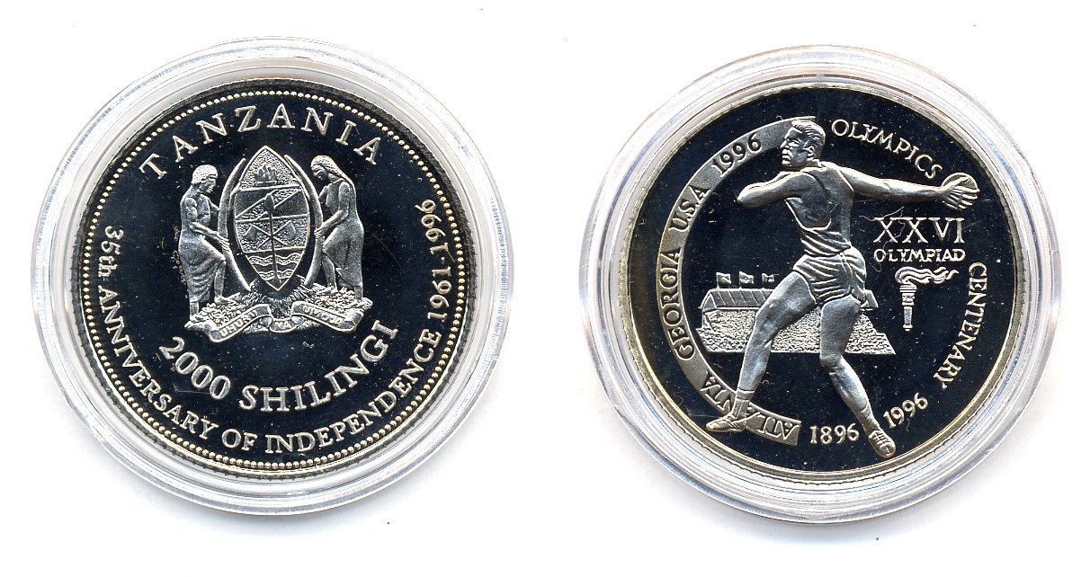 Танзания 2000 шиллингов 1996 XXVI Олимпийские игры 1996 года в Атланте, 100 лет Олимпийскому движению, дискобол, пробник, рубчатый гурт медно-никель PROOF 06-157-44