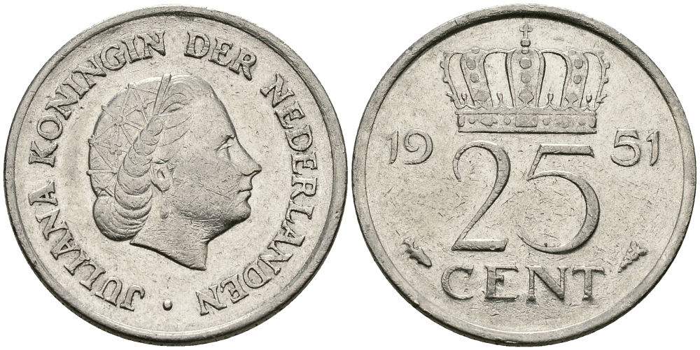 Нидерланды 25 центов 1951 Юлиана (1949-1980) KM 183 никель 96-124
