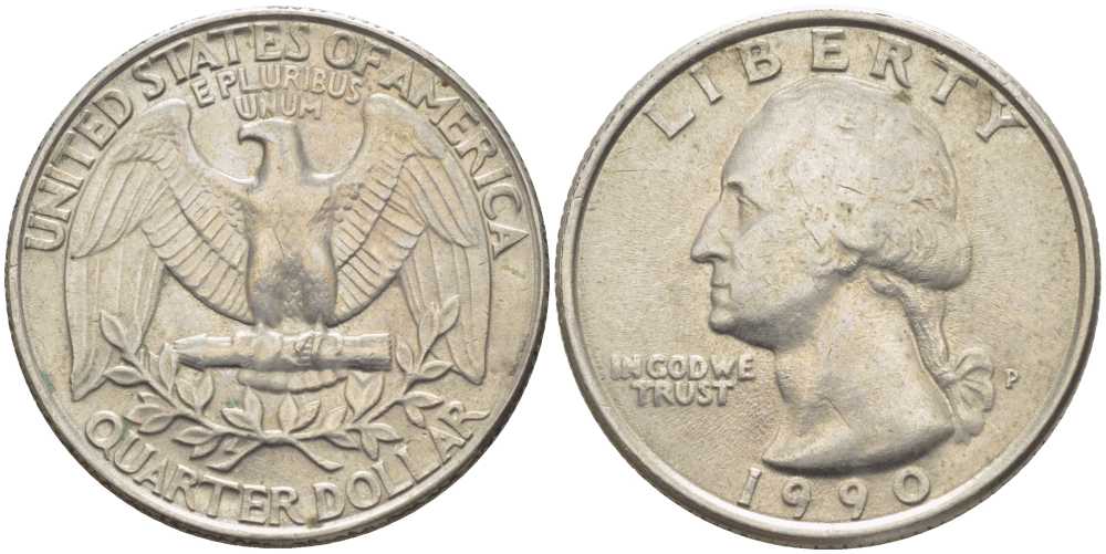 США 25 центов = квотер 1990 P, Вашингтон KM А164а медь плакированная медно-никелем 117-257