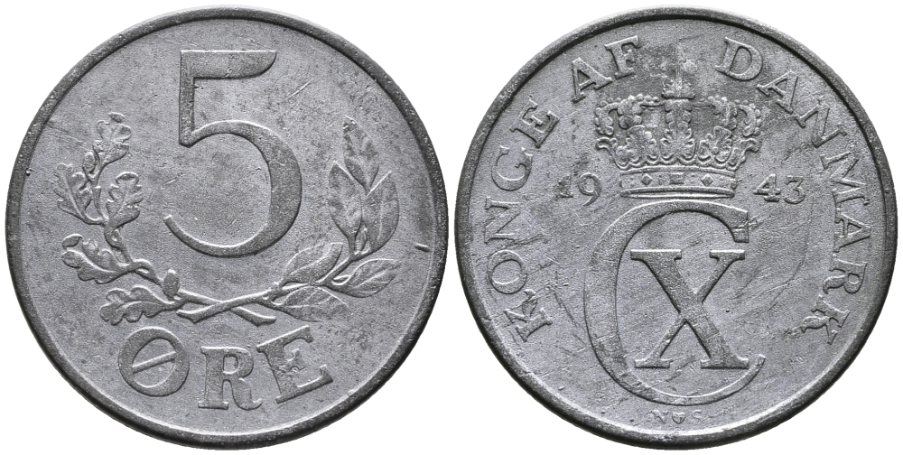 ДАНИЯ 5 ЭРЕ 1943 N; S, КРИСТИАН X (1912-1947) KM 834а цинк 24-1123