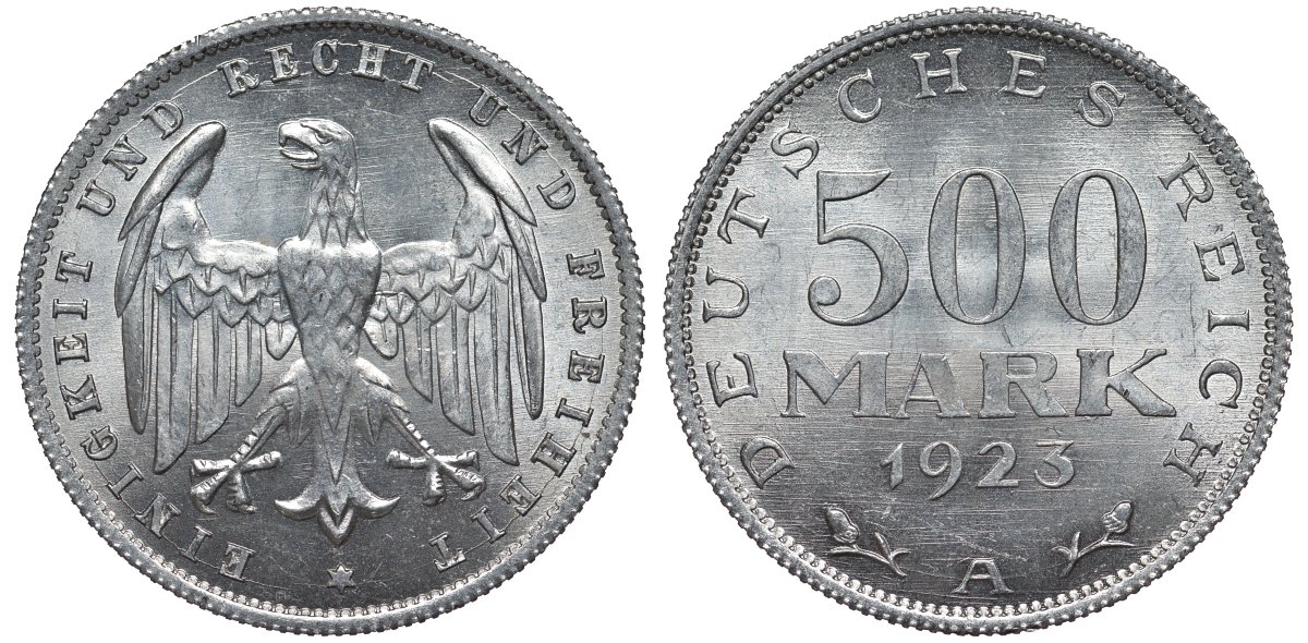 Германия 500 марок 1923 А KM 36, J.305 алюминий UNC 4587-514