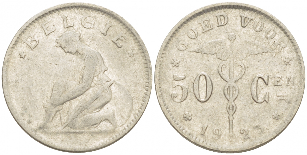 БЕЛЬГИЯ 50 САНТИМОВ 1923 BELGIE KM 88 никель 261-1148