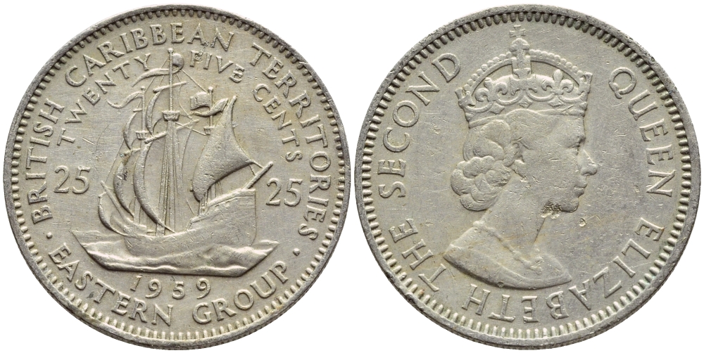Британские Восточно-Карибские территории 25 центов 1959 Елизавета II (1952-2022), парусник KM 6 медно-никель 76-1036