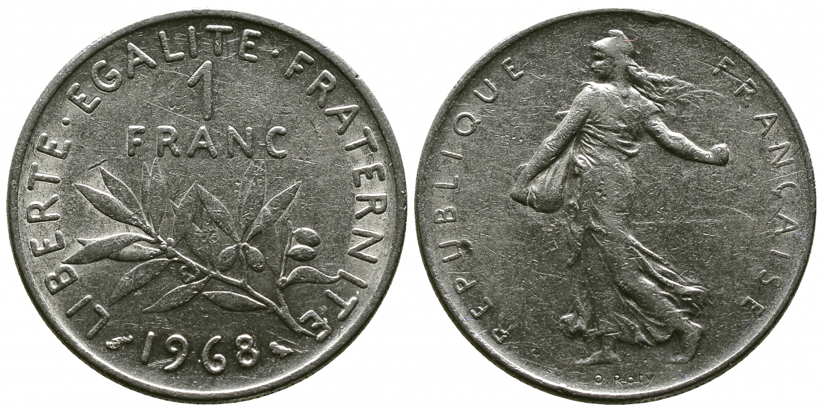 ФРАНЦИЯ 1 ФРАНК 1968 СЕЯТЕЛЬ KM 925.1 никель 4381-522