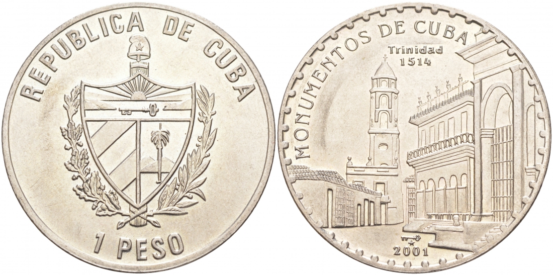 Куба 1 песо 2001 серия монументы Кубы, Церковь Святой Троицы, Тринидад KM 850 медно-никель UNC 4537-125