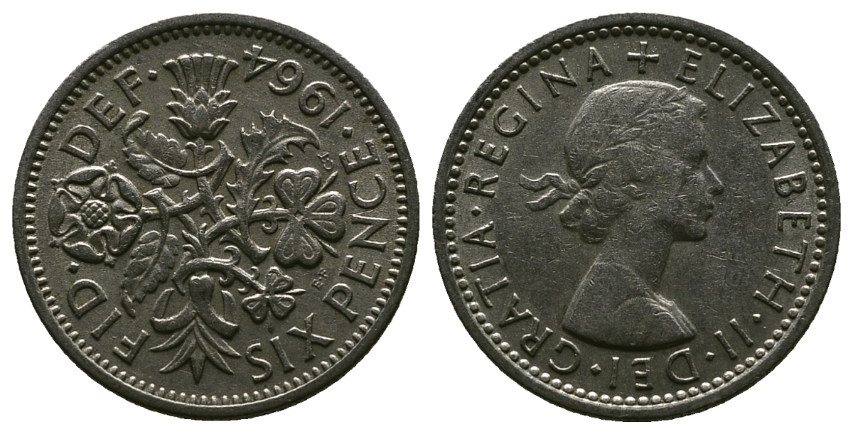 Великобритания 6 пенсов 1964 Елизавета II (1952-2022) KM 903, Spink 4149 медно-никель 4381-826